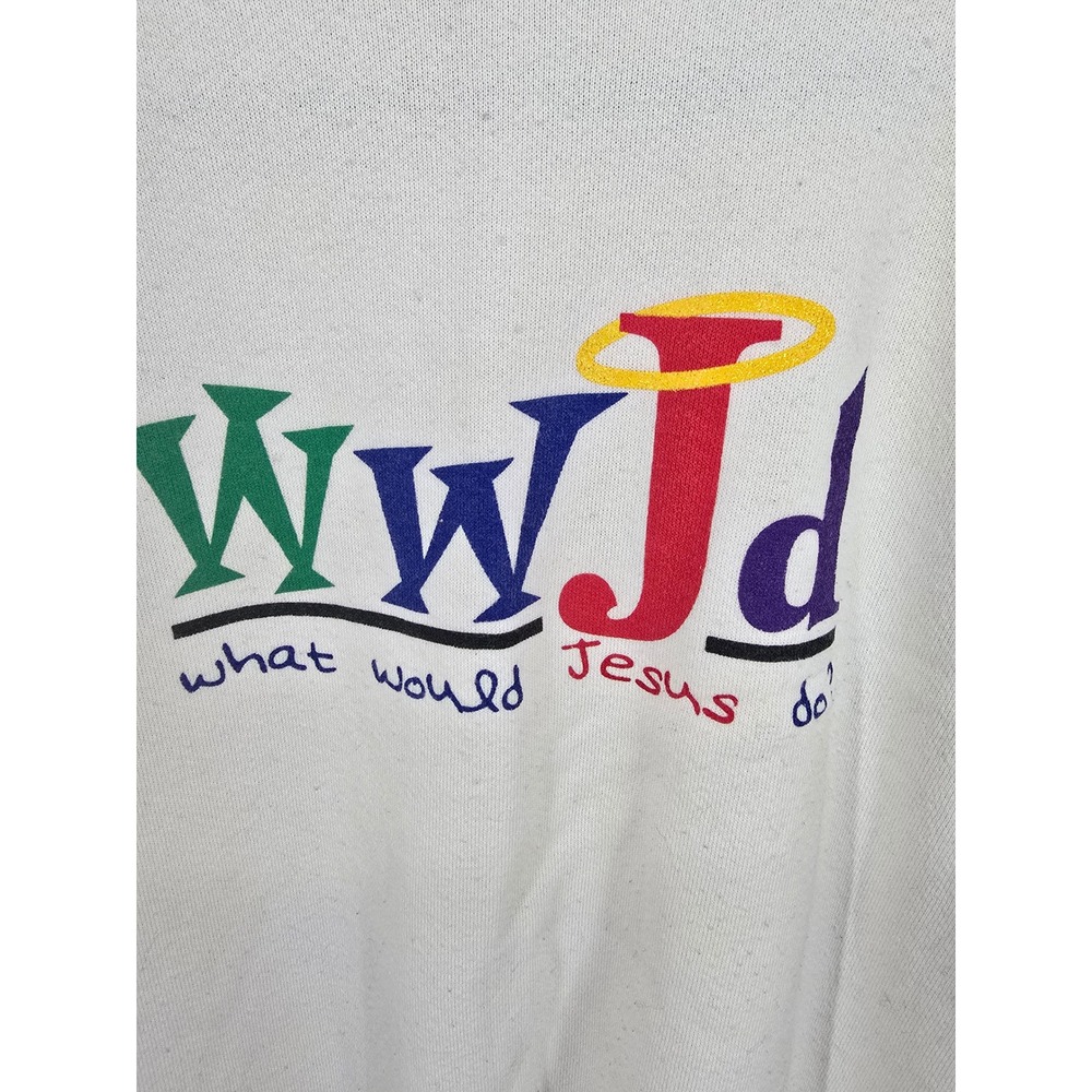 Vintage Tultex WWJD Sweatshirt Mens Large White What Would Jesus Do 90s USA Made - Picture 3 of 6